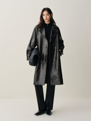 Women's Long Double-Breasted Leather Trench Coat