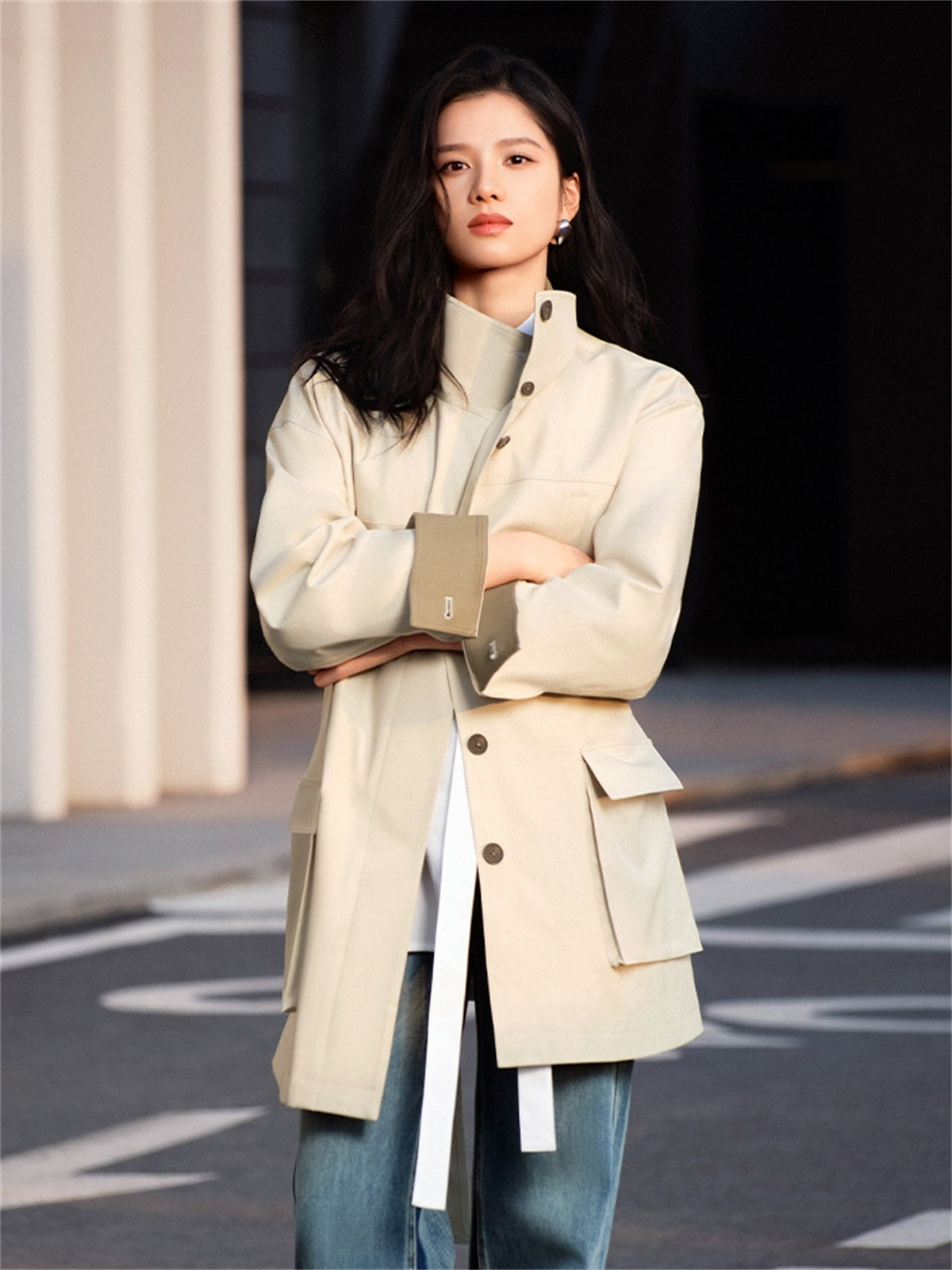 Women's Asymmetric Trench Jacket in Contrast Colors
