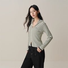 Women's Wool-Blend Striped Wide-Lapel Knit Sweater