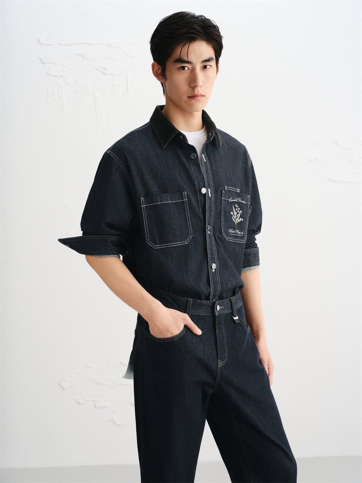 Men's Embroidered Shirt with Corduroy Panels