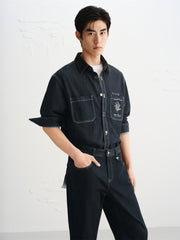 Men's Embroidered Shirt with Corduroy Panels