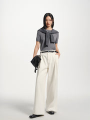 Women's Beige Cotton-Blend Wide-Leg Jeans