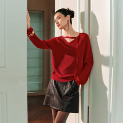 Women's V-Neck Cutout Tie-Detailed Statement Knit Top