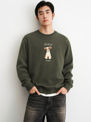 Men's Dark Green Heavyweight Dog Embroidery Sweatshirt
