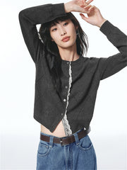 Women's Diamond Knit Cardigan with Lace Trim