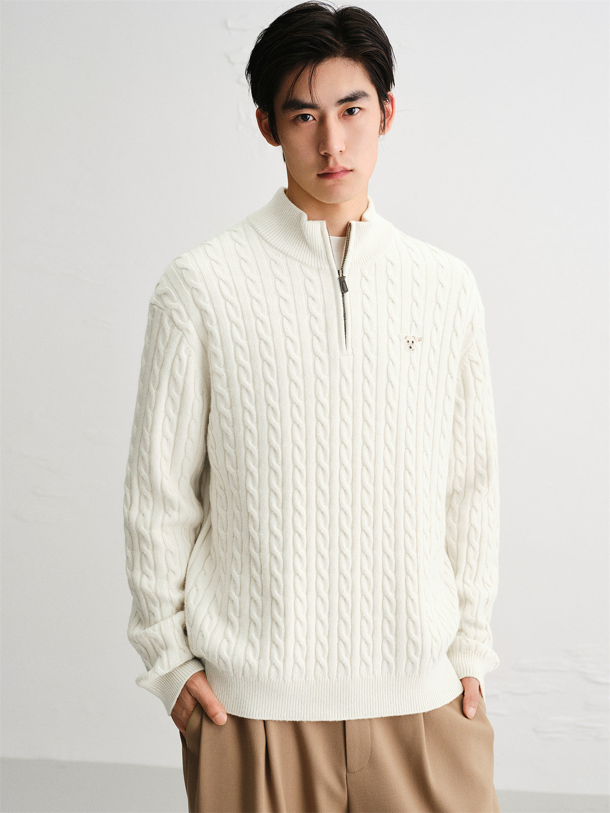 Men's Beige Wool-Blend Cable Knit Sweater