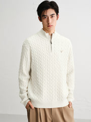 Men's Beige Wool-Blend Cable Knit Sweater