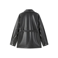 Women's Belted PU Leather Jacket