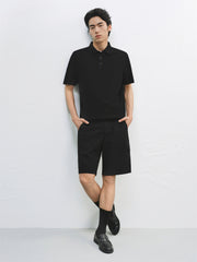 Men's Solid Knit Pullover with Logo Patch and Polo Collar