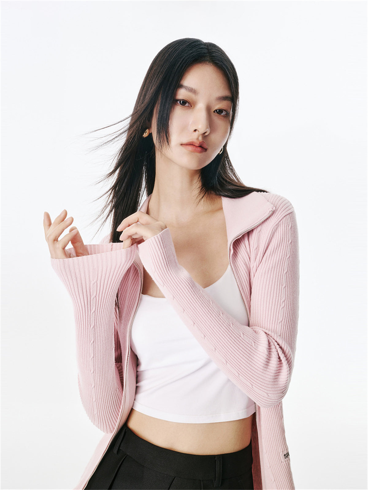 Women's Cable-Knit Collared Two-Way Zip Cardigan