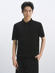 Men's Solid Knit Pullover with Logo Patch and Polo Collar