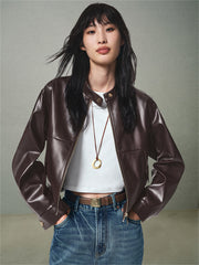Women's Cropped Stand-Collar Moto PU Jacket