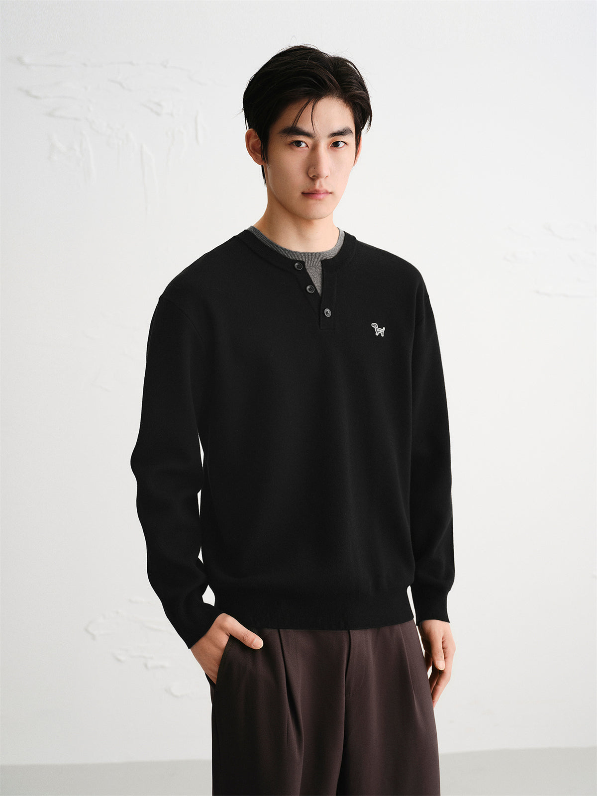 Men's Contrast-Panel Henley Knit Sweater