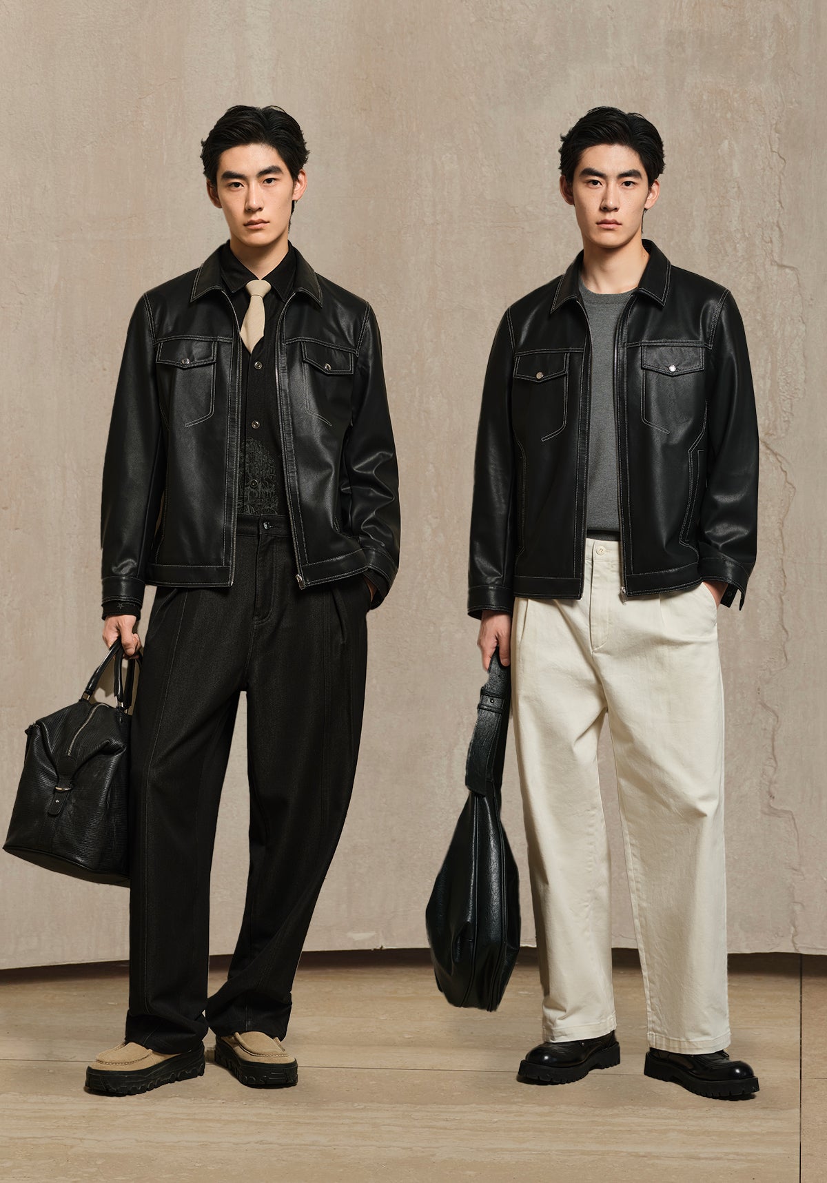 Men's Contrast-Stitch PU Leather Jacket