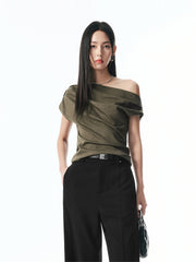 Women's Off-Shoulder Pleated Acetate T-Shirt
