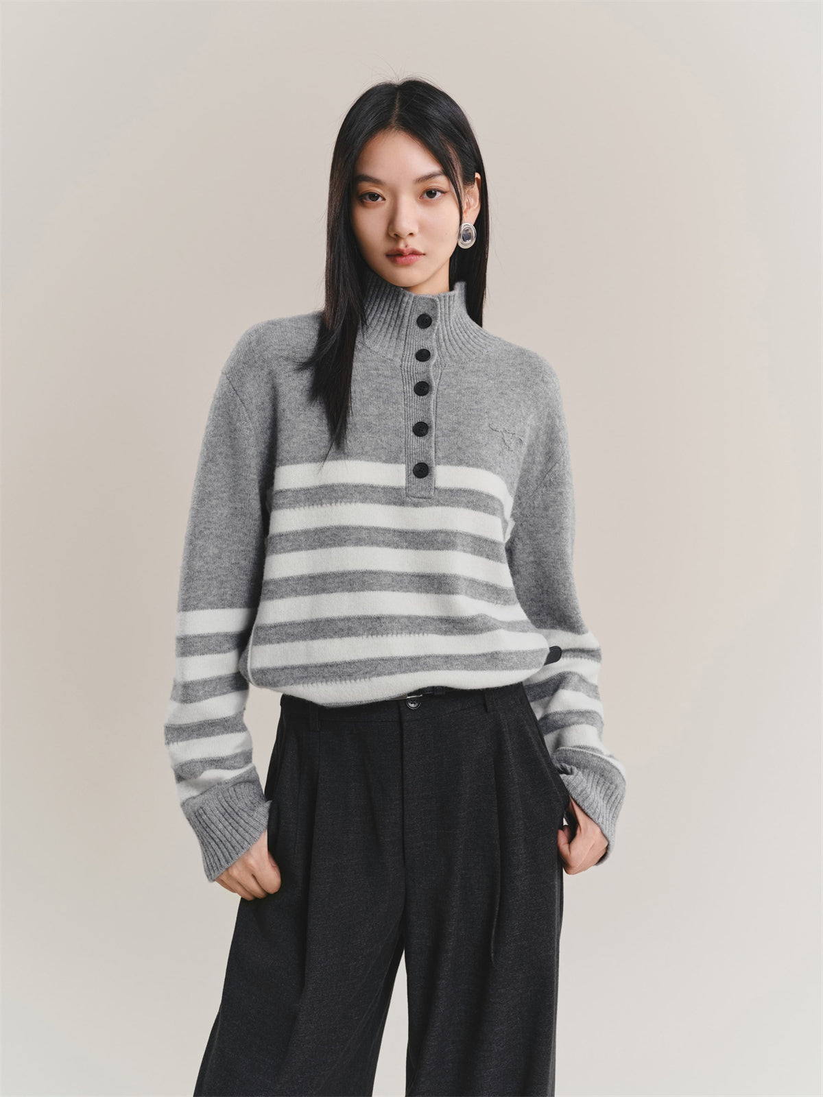 Women's Pure Wool Mock-Neck Striped Sweater