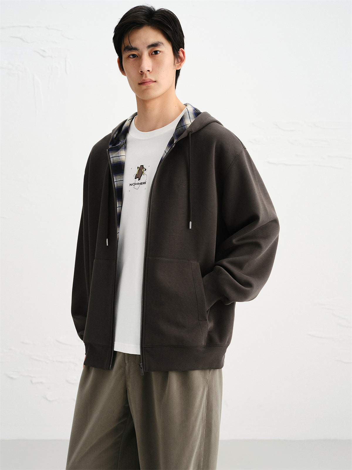 Men's Plaid Panel Zip-Up Hoodie