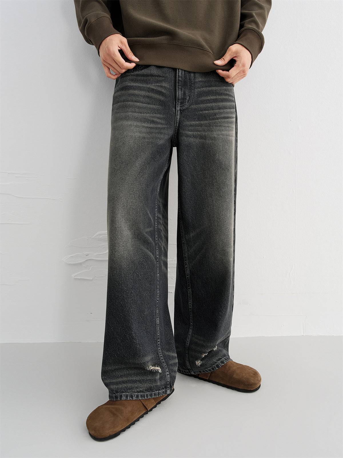 Men's Vintage Distressed Ripped Wide-Leg Cotton Jeans