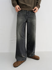 Men's Vintage Distressed Ripped Wide-Leg Cotton Jeans