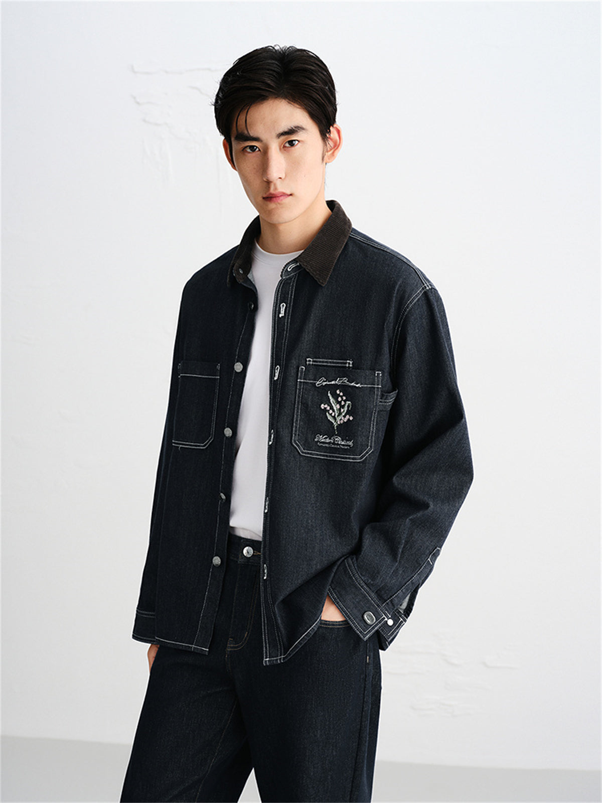 Men's Embroidered Shirt with Corduroy Panels