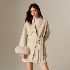 Women's Wool Coat with Detachable Fox Fur Cuffs