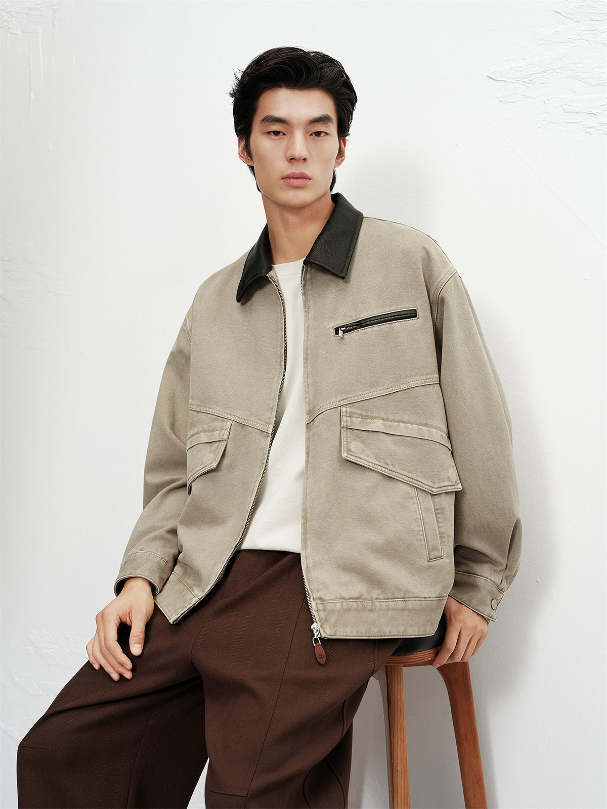 Men's Oversized Utility Jacket with PU Collar