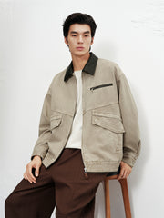 Men's Oversized Utility Jacket with PU Collar