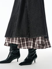 Women's A-Line Denim Skirt with Plaid Patchwork