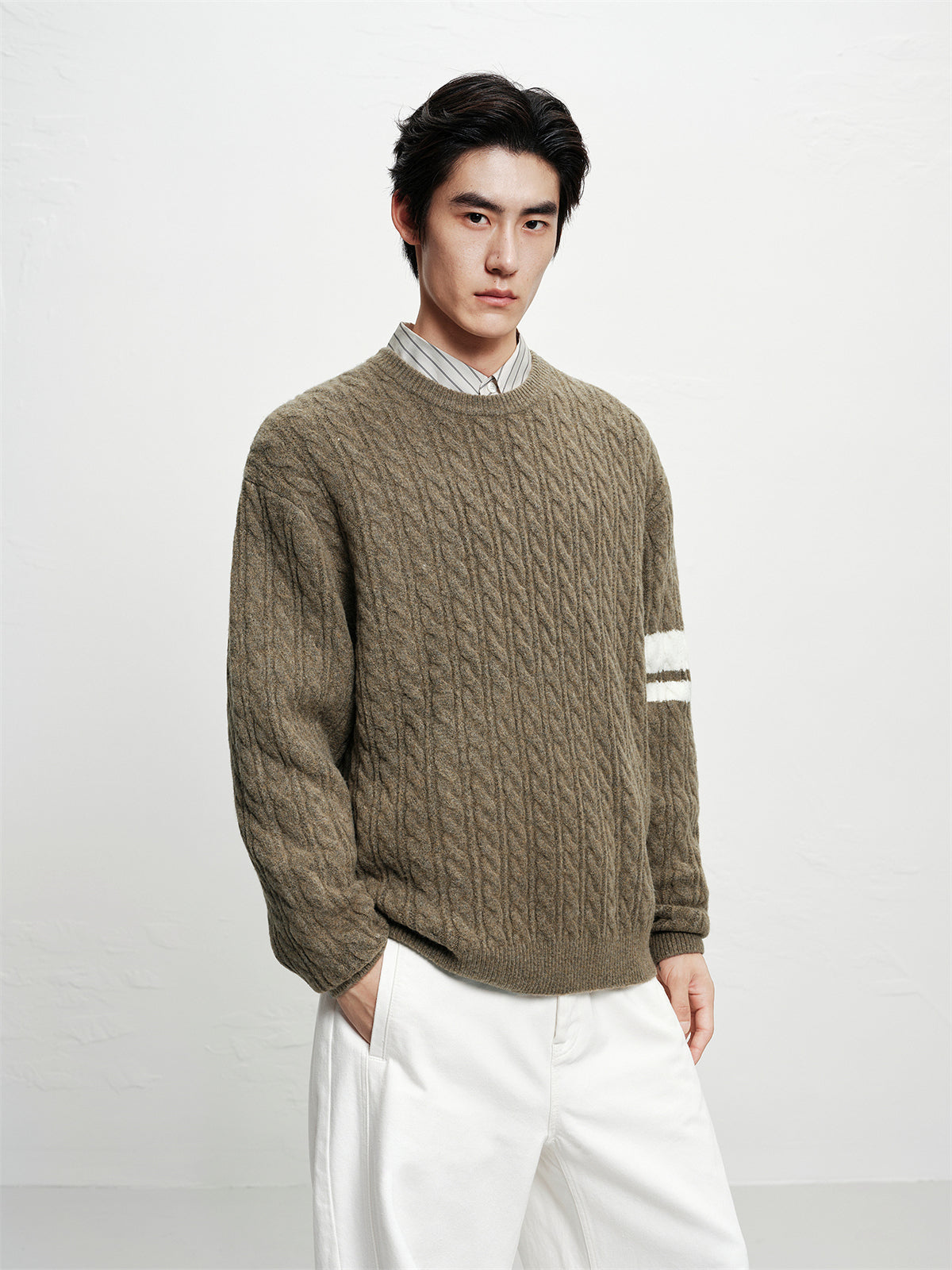 Men's Brown Cable-Knit Contrast-Stripe Sweater