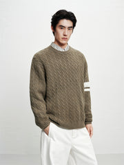 Men's Brown Cable-Knit Contrast-Stripe Sweater