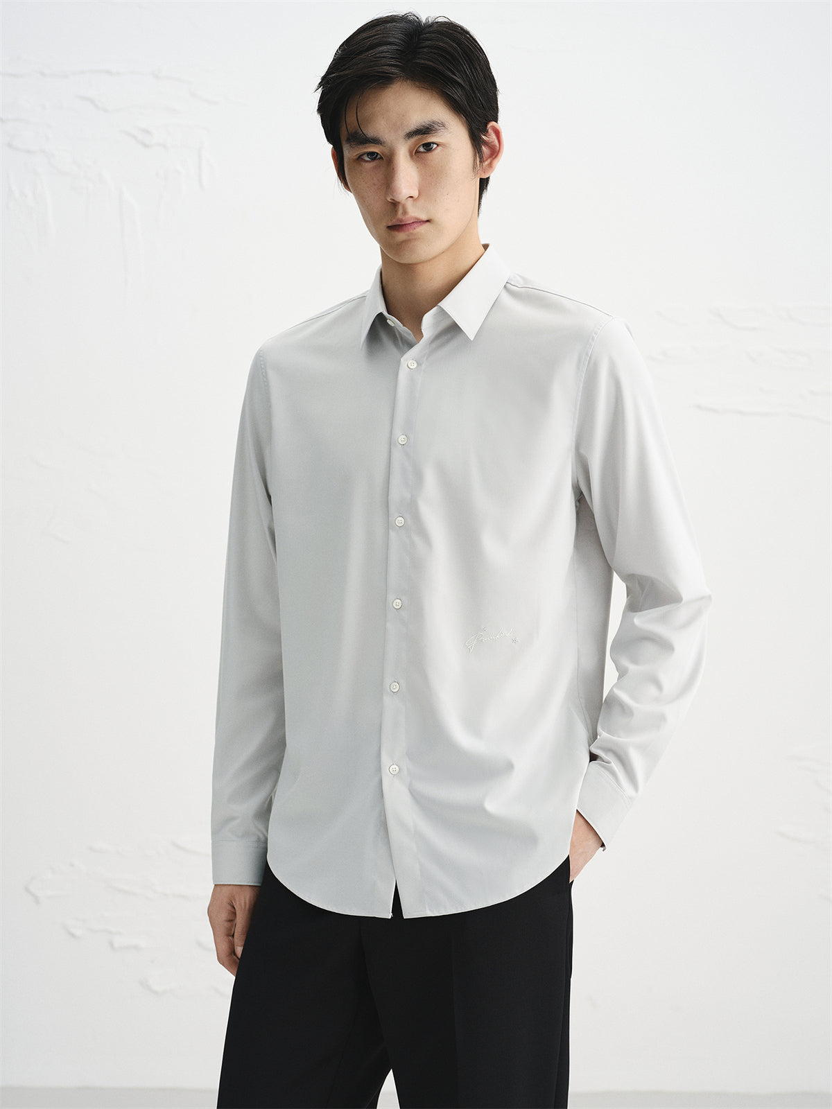 Men's Gray Embroidered Long-Sleeve Shirt