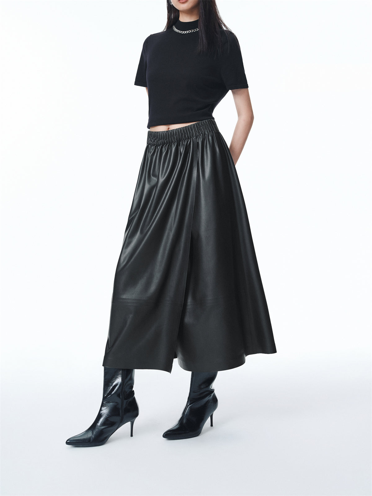 Women's PU Mid-Length Skirt with Elastic Waist
