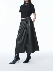 Women's PU Mid-Length Skirt with Elastic Waist