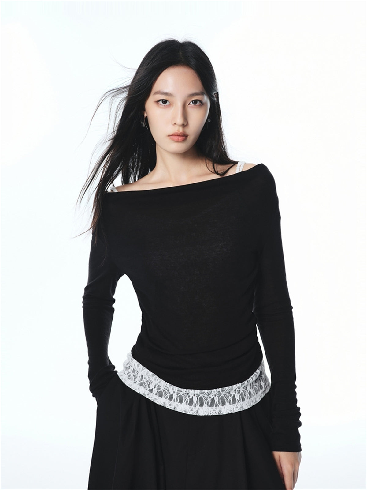 Women's Off-Shoulder Cowl Neck T-Shirt with Lace Trim