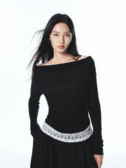 Women's Off-Shoulder Cowl Neck T-Shirt with Lace Trim