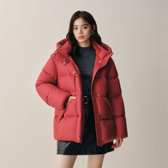 Women's Red Drawstring-Waist Down Jacket