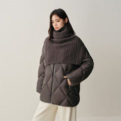 Women's Extra-Long Puffer Coat with Cable-Knit Shawl