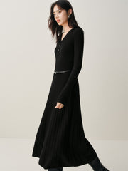 Women's Black Mid-Length Knit Dress with Belt