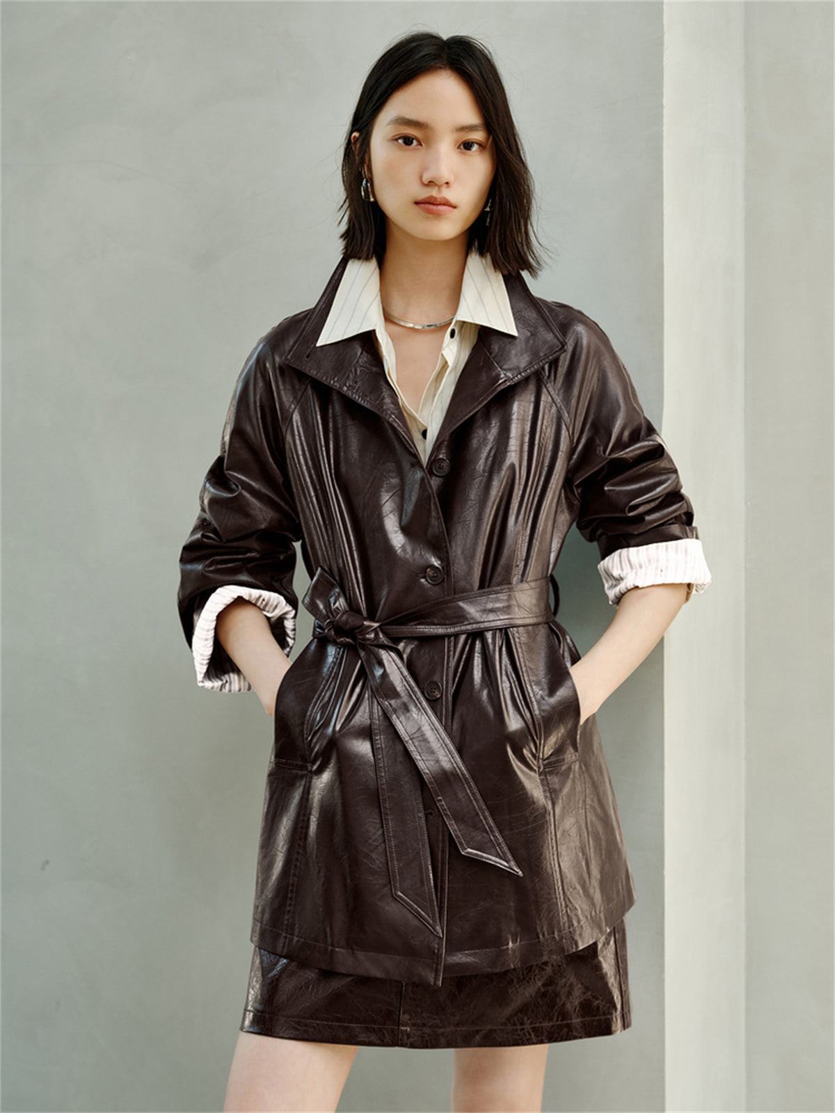 Women's Trench-Style Waxed PU Jacket