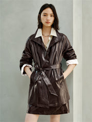 Women's Trench-Style Waxed PU Jacket