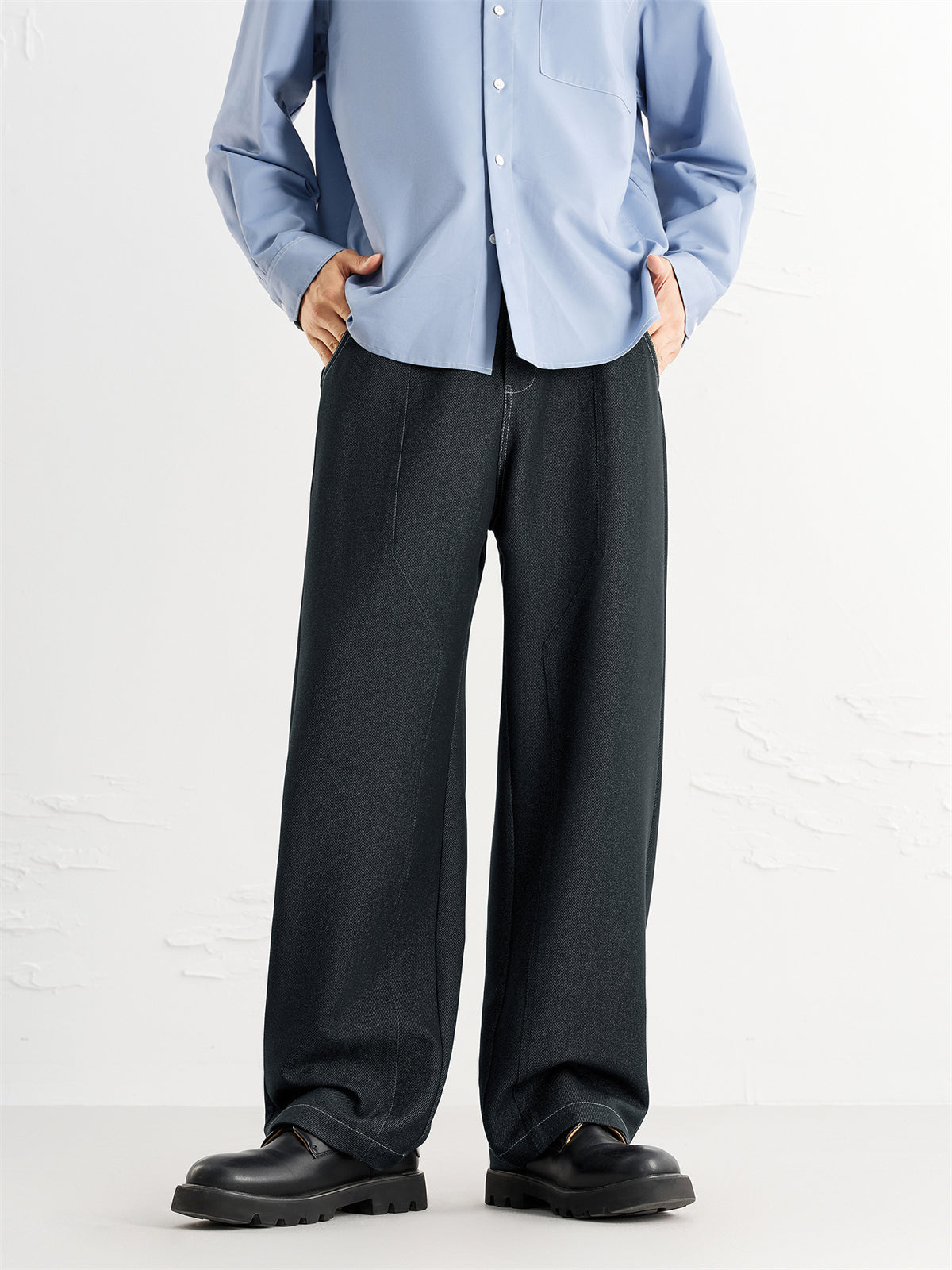 Men's Vintage Contrast-Stitched Wide-Leg Faux Denim Pants