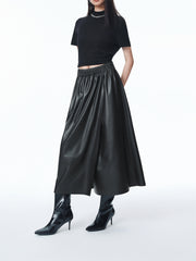 Women's PU Mid-Length Skirt with Elastic Waist