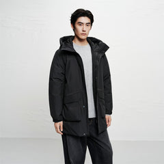 Men's Water-Repellent Hooded Mid-Length Down Jacket