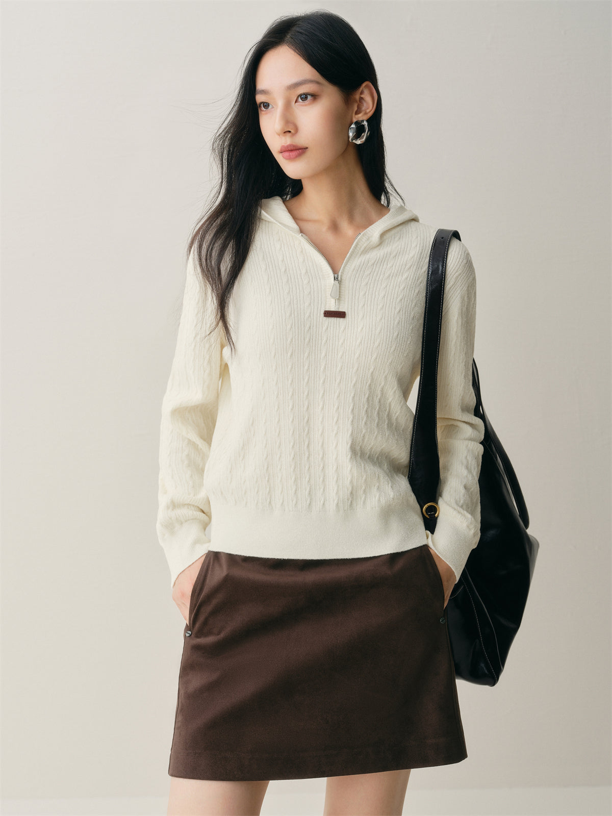 Women's Short Cable-Knit Hooded Sweater