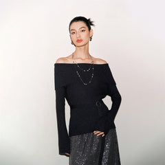 Women's Metallic Off-Shoulder Knit Top with Belt