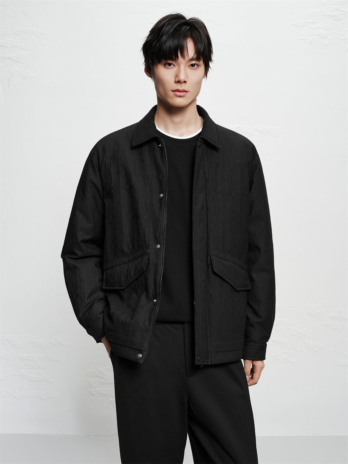 Men's Allover Black Tonal Jacquard Down Jacket