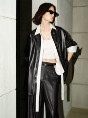 Women's PU Leather Trench-Style Long-Sleeve Shirt