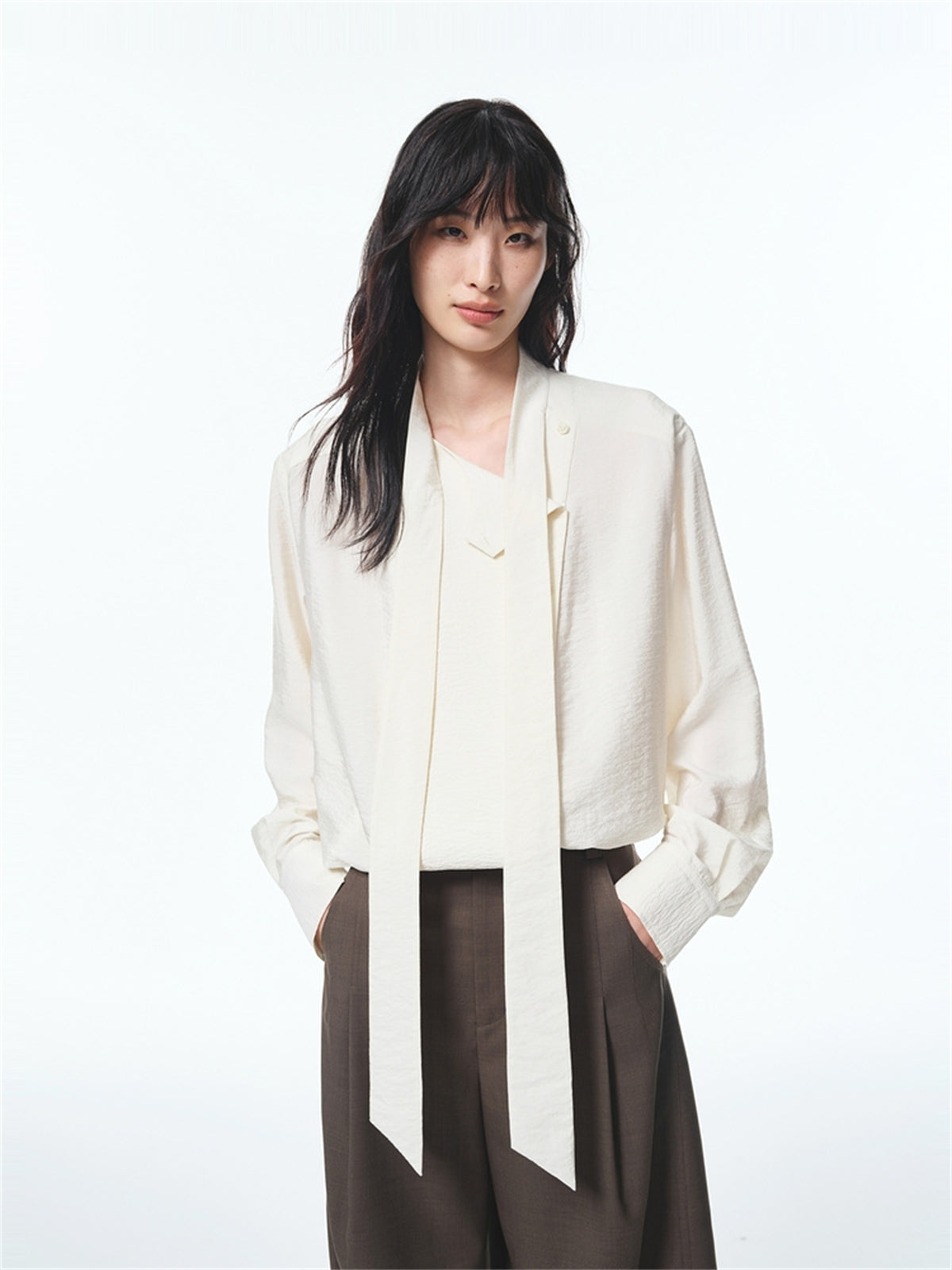 Women's Textured Shirt with Flowing Neck Tie