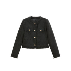 Women's Velour Textured Short Jacket With Raw Edges