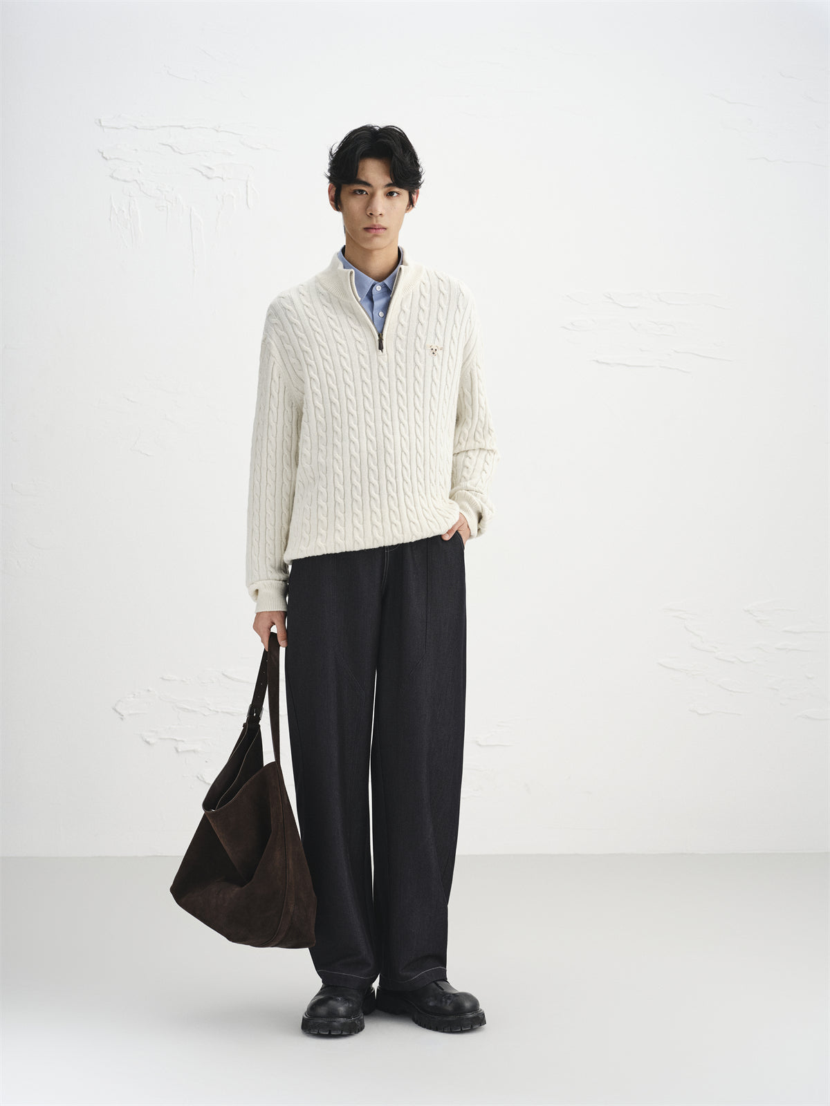 Men's Beige Wool-Blend Cable Knit Sweater